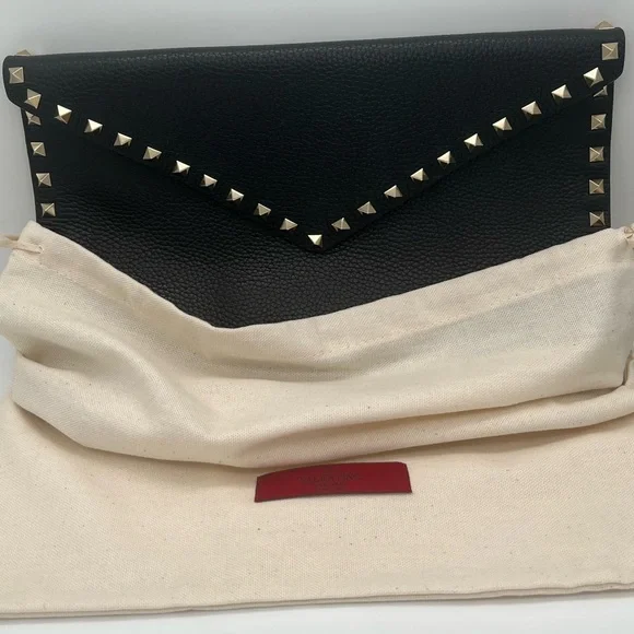 Valentino Garavani - Black Rockstud Envelope Flap Clutch w/ Gold Studs - EUC - Picture 6 of 6